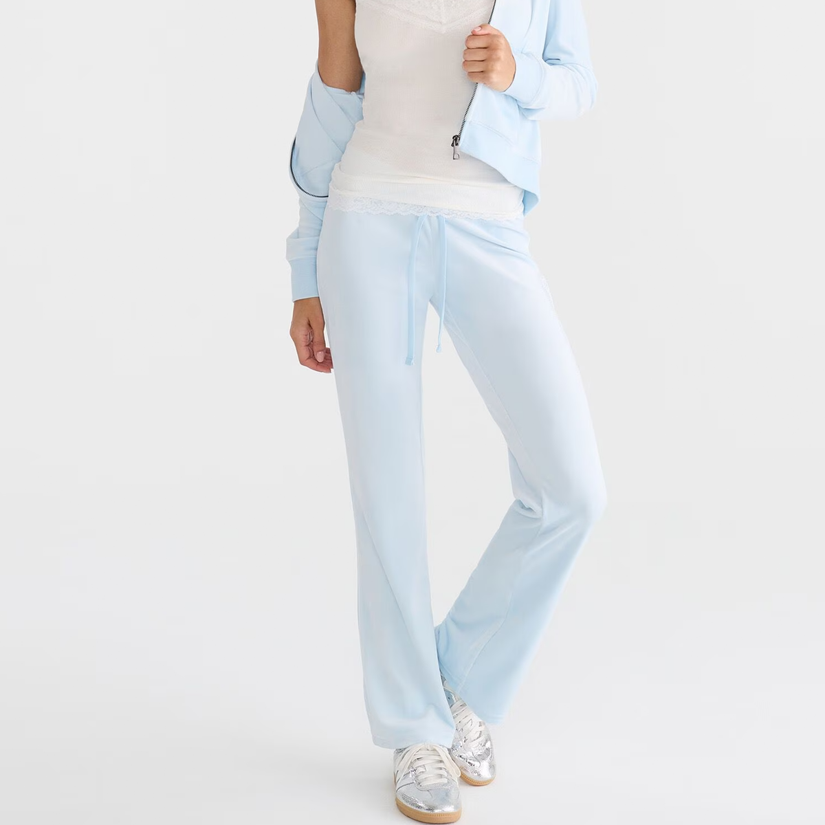 Low-Rise Drawstring Velour Flare Jogger Pants