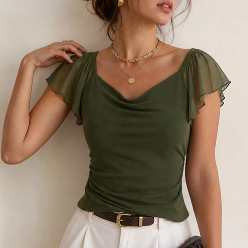 Cowl Neck Ruched Mesh Slim Cap Short Sleeve Tee Top