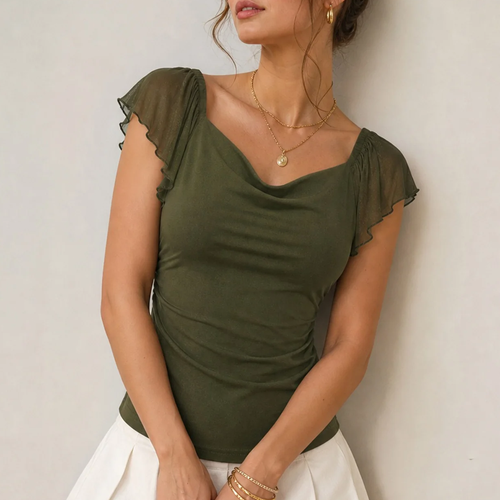 Cowl Neck Ruched Mesh Slim Cap Short Sleeve Tee Top