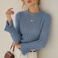 Ruffled Neck Bell Sleeve Textured Slim Knit Sweater Top