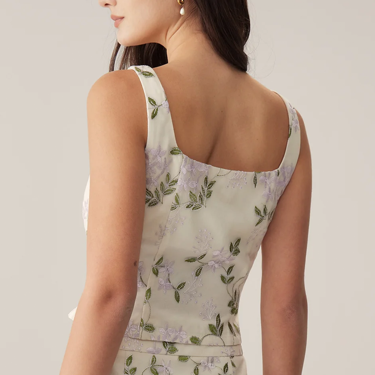 Square Neck Floral Embroidery Slim Sleeveless Tank Top